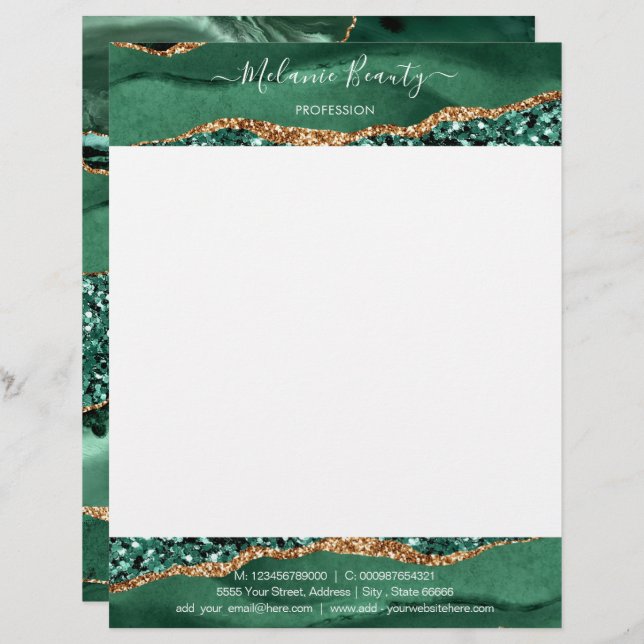 Agate Green Gold Glitzer Emerald Modern Letterhead Briefbogen (Vorne/Hinten)
