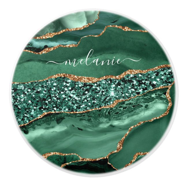 Agate Green Gold Glitzer Geode Marble Individuelle Keramikknauf (Vorderseite)