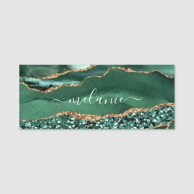 Agate Green Gold Glitzer Geode Marble Individuelle Namensschild (Vorderseite)