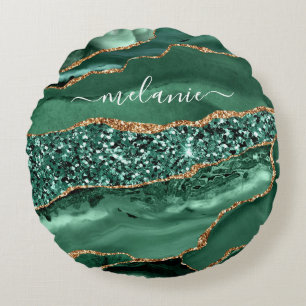 Agate Green Gold Glitzer Geode Marble Individuelle Rundes Kissen