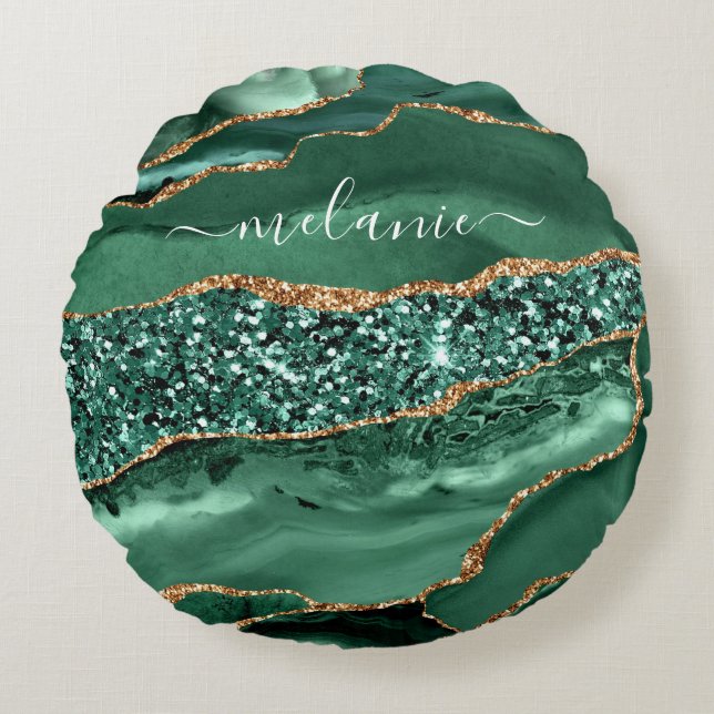 Agate Green Gold Glitzer Geode Marble Individuelle Rundes Kissen (Vorderseite)
