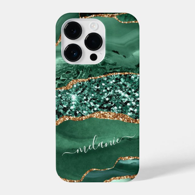 Agate Green Gold Glitzer Ihr Name Marmor iPhone 14 Pro Hülle (Rückseite)