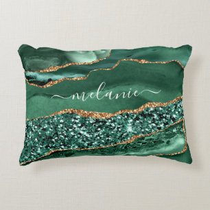 Agate Green Gold Glitzer Individuelle Name Accent Dekokissen