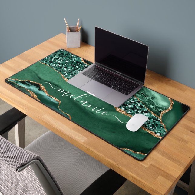 Agate Green Gold Glitzer Marble Individuelle Name Schreibtischunterlage (Büro 2)