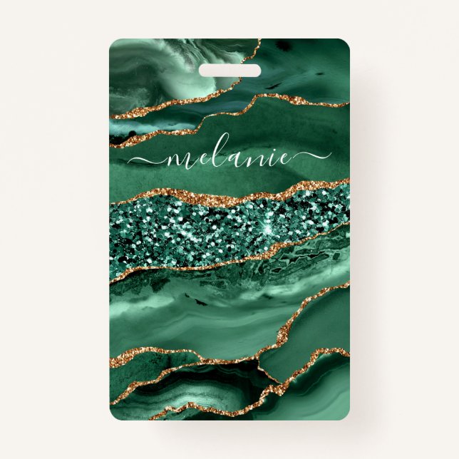 Agate Green Gold Glitzer Marble Your Name Abzeiche Ausweis (Vorderseite)