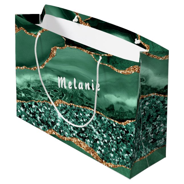 Agate Green Gold Glitzer Marmorieren Sie Ihr Namen Große Geschenktüte (Rückseite Schrägansicht)