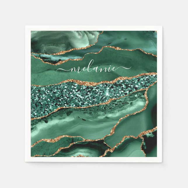 Agate Green Gold Glitzer Marmorieren Sie Ihren Nam Serviette (Vorderseite)