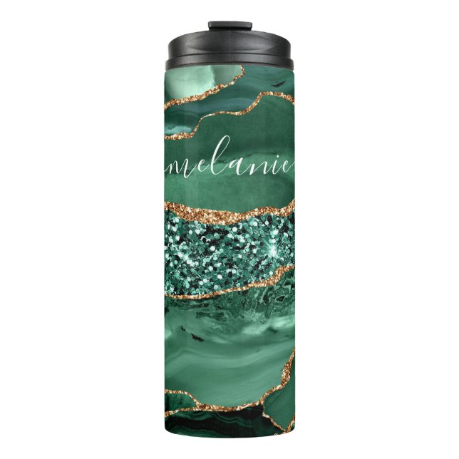 Agate Green Gold Marmor Ihr Name Thermal Tumbler Thermosbecher (Vorderseite)