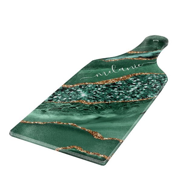 Agate Green Gold Marmor Individuelle Name Cutting  Schneidebrett (Ecke)