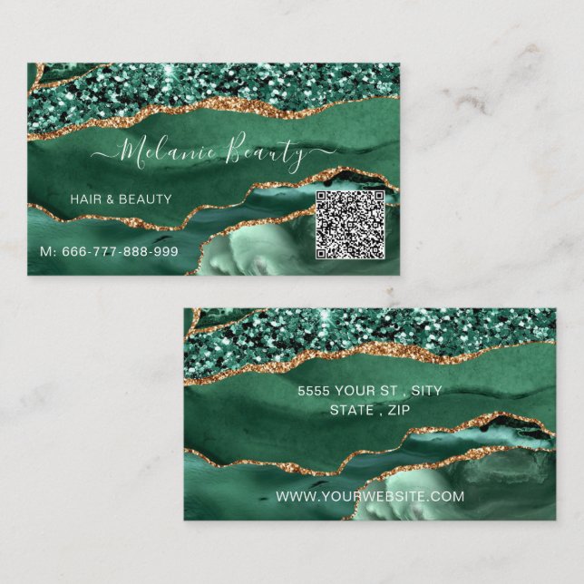 Agate Green Gold Parties scintillant QR Code Carte (Devant / Derrière)