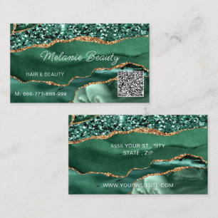 Agate Green Gold Sparkle QR Code Carte de visite