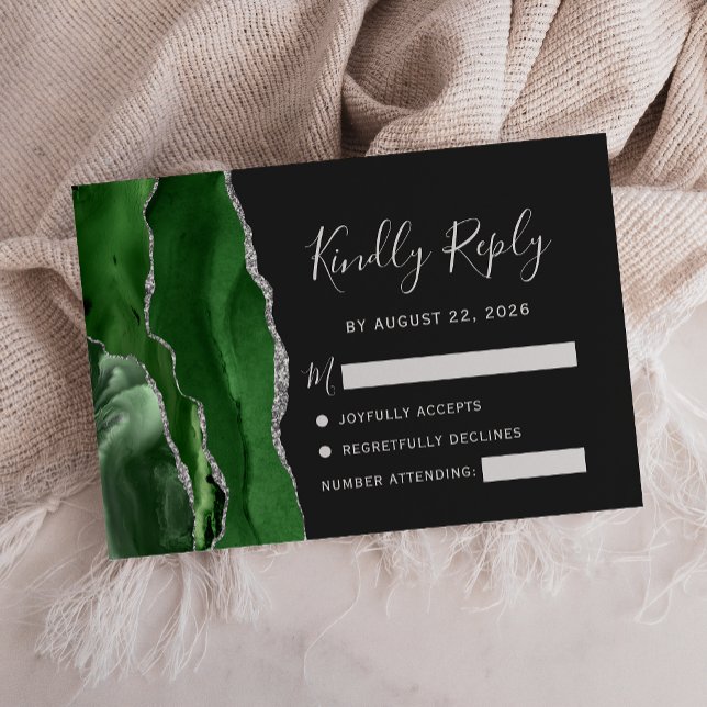 Agate Hunter Green Silver Dark Wedding RSVP Karte (Von Creator hochgeladen)