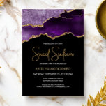 Agate Lila Gold Dark Sweet 16 Geburtstagsparty Einladung<br><div class="desc">Diese trendige 16 . Geburtstag-Geburtstagseinladung zeigt ein Aquarellbild eines agaten Geodes in lila Farbtönen mit goldenen Imitaten. Die Worte "16 . Geburtstag" erscheinen in Imitaten goldenen Glitzer in dekorativen modernen Handschrift Schriftart. Passen Sie den Namen der Ehre in goldfarbenem Text an und die Details in Weiß. Auf der Rückseite wird...</div>