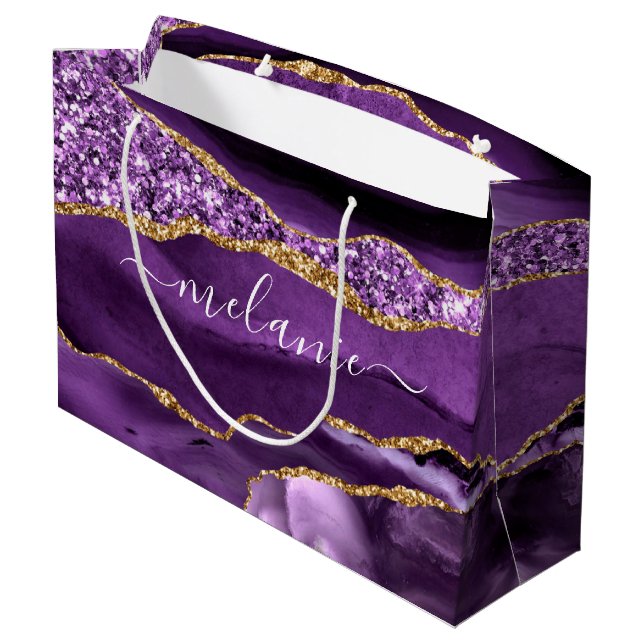 Agate Lila Gold Glitzer Individuelle Name Geschenk Große Geschenktüte (Rückseite Schrägansicht)