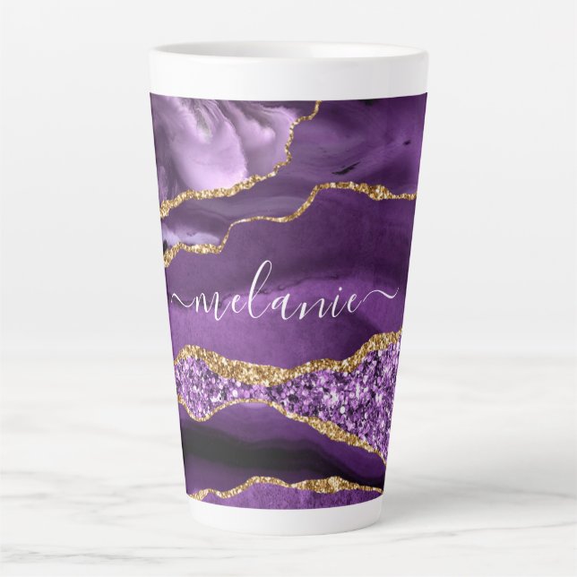 Agate Lila Gold Glitzer Individuelle Name Latte Ta Milchtasse (Vorderseite)