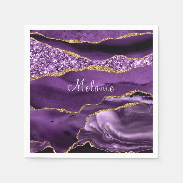Agate Lila Gold Glitzer Individuelle Name Napkins Serviette (Vorderseite)