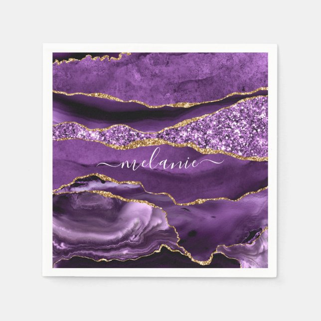 Agate Lila Gold Glitzer Individuelle Name Napkins Serviette (Vorderseite)