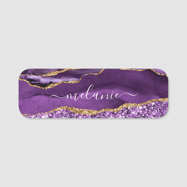 Agate Lila Gold Glitzer Marble Individuelle Name T Namensschild (Vorderseite)