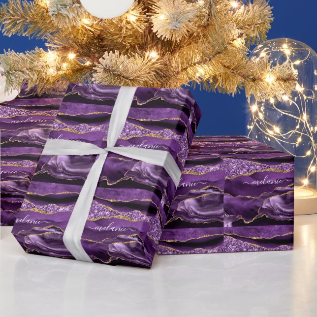 Agate Lila Gold Marmor Ihr Name Wrapping Paper Geschenkpapier (Feiertage)