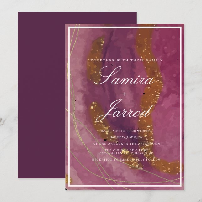 Agate Lila Mustard Watercolor Imitate Goldhochzeit Einladung (Vorne/Hinten)