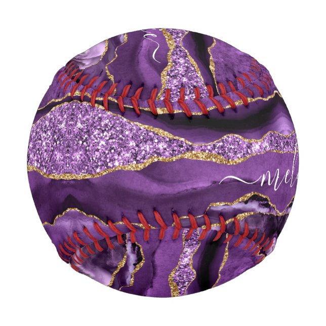 Agate Lila Violet Gold Glitzer Geode Ihr Name Baseball (Vorderseite)