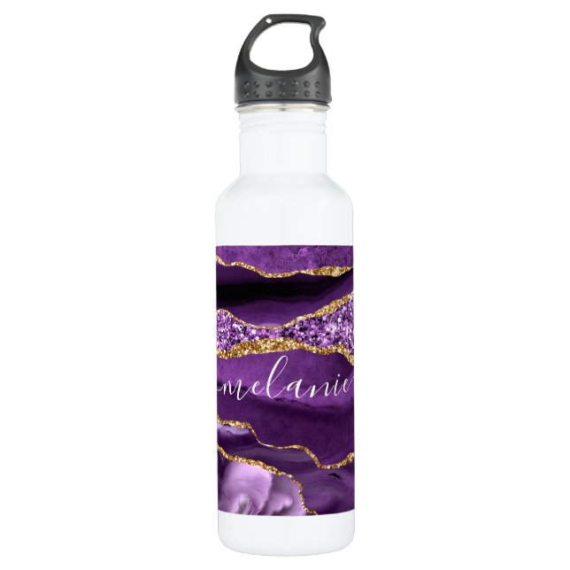Agate Lila Violet Gold Glitzer Geode Individuelle  Edelstahlflasche (Vorderseite)