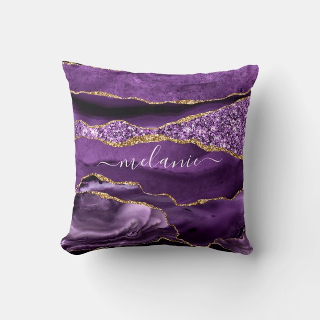 Agate Lila Violet Gold Glitzer Geode Individuelle  Kissen (Vorderseite)