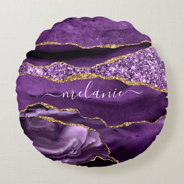 Agate Lila Violet Gold Glitzer Geode Individuelle  Rundes Kissen (Vorderseite)