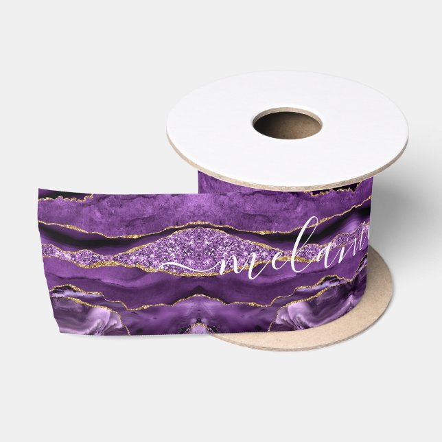Agate Lila Violet Gold Glitzer Geode Individuelle  Satinband (Spule)