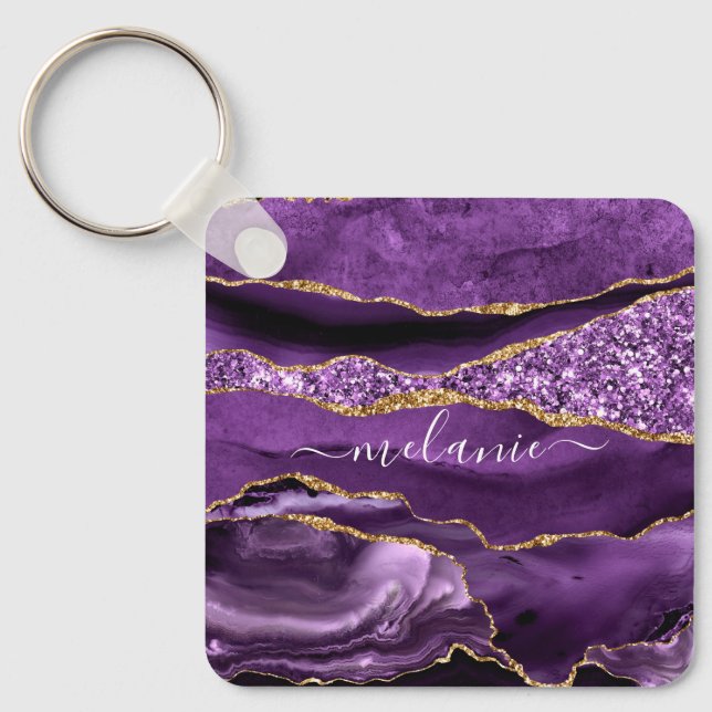 Agate Lila Violet Gold Glitzer Geode Individuelle  Schlüsselanhänger (Vorderseite)