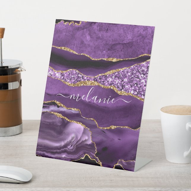 Agate Lila Violet Gold Glitzer Geode Individuelle  Sockelschild (In SItu)