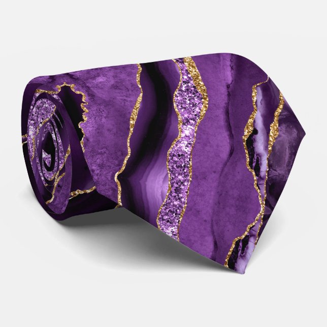 Agate Lila Violet Gold Glitzer Geode Neck Tie Krawatte (Gerollt)