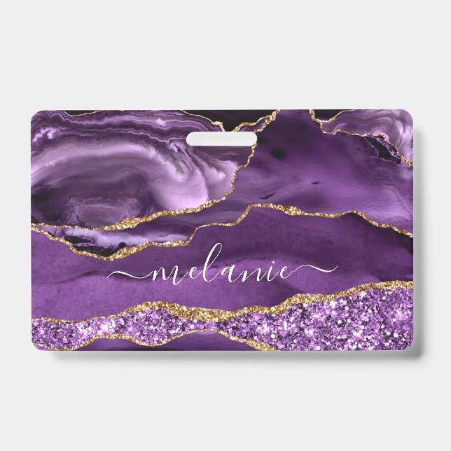 Agate Lila Violet Gold Glitzer Ihr Name Abzeichen Ausweis (Vorderseite)