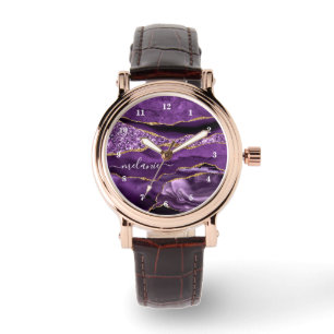 Agate Lila Violet Gold Glitzer Ihr Name Watch Armbanduhr