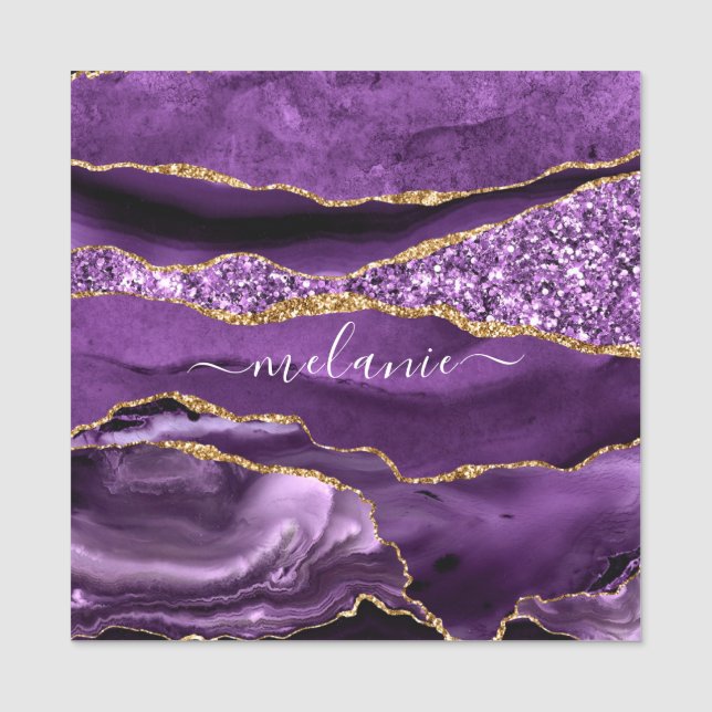 Agate Lila Violet Gold Glitzer Individuelle Name T Namensschild (Vorderseite)