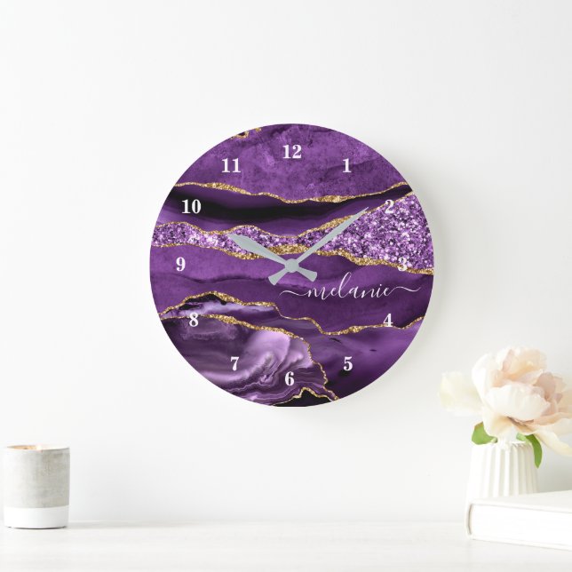 Agate Lila Violet Gold Glitzer Kleben Sie Ihren Na Große Wanduhr (Zuhause)
