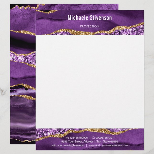 Agate Lila Violet Gold Glitzer Modern Letterhead Briefbogen (Vorne/Hinten)