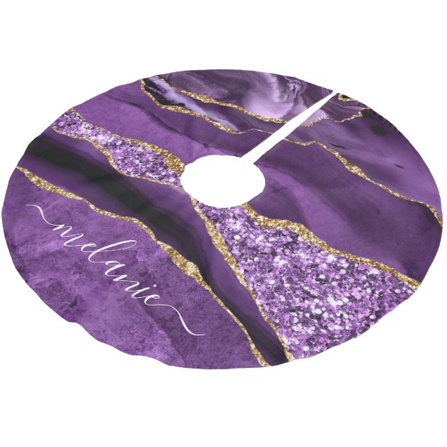 Agate Lila Violet Gold Glitzer Name Tree Skirt Polyester Weihnachtsbaumdecke (Schrägansicht)