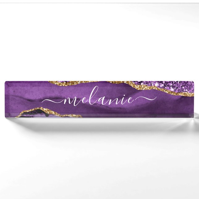 Agate Lila Violet Gold Glitzer Schreibtisch Name P Namensplakette (Vorderseite)