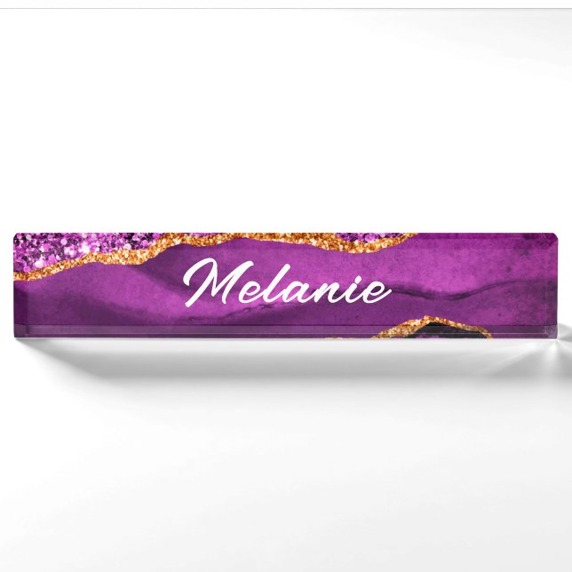 Agate Lila Violet Gold Marmorschreibtisch Namenssc Namensplakette (Vorderseite)