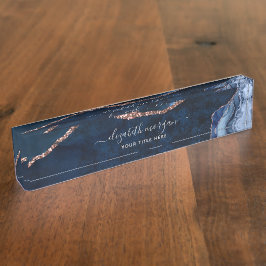 Agate Marble Blue Rose Gold Foil Signature Script Namensplakette