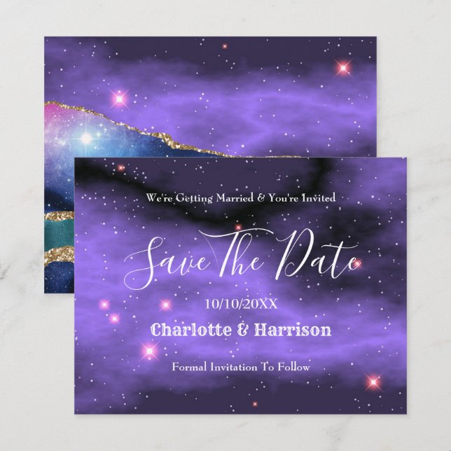 Agate Marble Cosmic Gold Lila Aquamarine Hochzeit Save The Date (Vorne/Hinten)