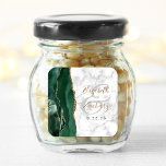 Agate Marble Emerald Green Gold Script Wedding Quadratischer Aufkleber<br><div class="desc">Dieser elegante, moderne Hochzeitsaufkleber besticht durch eine smaragdgrüne Aquarellfarbe, die durch ein mit Imitaten vergoldetes Glitzer besticktes Geoddesign geprägt ist. Der goldfarbene und schwarze Text auf grauem und weißem Marmorboden lassen sich leicht anpassen, wobei die Namen der Braut und des Bräutigams in handgeschriebener Kalligraphie auf einem großen, blassgrauen Ampersand stehen....</div>