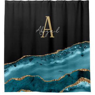 Agate Marble Gold Aquamarin Glitzer Monogram Duschvorhang