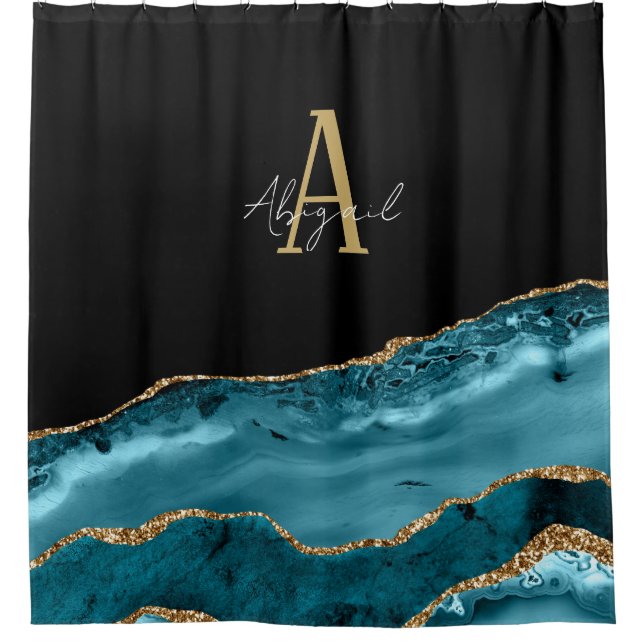 Agate Marble Gold Aquamarin Glitzer Monogram Duschvorhang (Vorderseite)