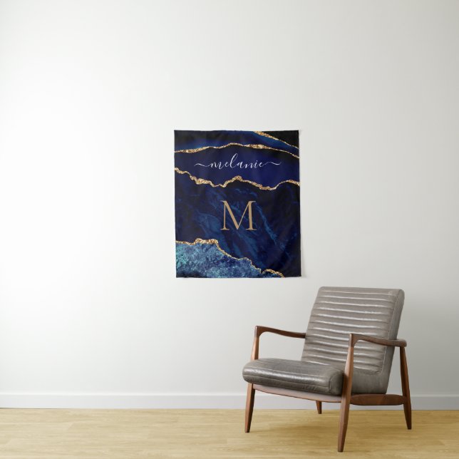 Agate Marine Bleu Marbre Tapisserie Nom personnali (En situation)