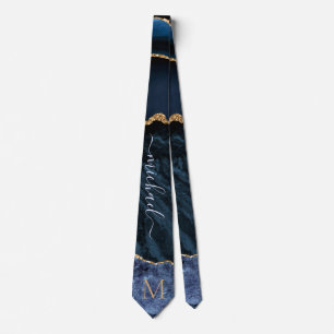 Agate Marine Blue Gold Gemstone Cravate - Monogram