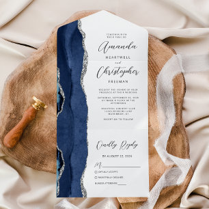 Agate Navy Blau Silber Hochzeit All In One Einladung