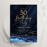 Agate Navy Blue Gold 50. Geburtstag Einladung<br><div class="desc">Marineblau und Gold feiern 50. Geburtstag Einladung. Elegantes modernes Design mit königsblauen Aquarellfarben,  marmorgeode Hintergrund,  Imitate Glitzer Gold und Typografie Drehbuch Schriftart. Die trendige Einladungskarte eignet sich perfekt für eine stilvolle Damenfeier. Gedruckte Zazzle Einladungen oder Sofortdownload digitalen druckbaren Vorlage.</div>