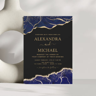 Agate Navy Blue Gold Blue Wedding Einladung